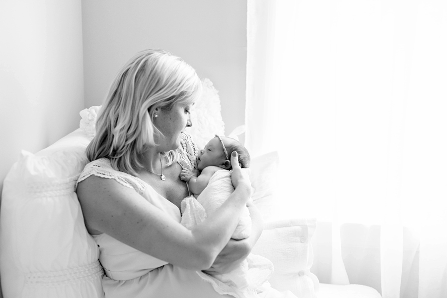 Katie Ballantine Photography Frederick Newborn Photography. New Market Baby Photographer.  mother and newborn black and white. All white studio