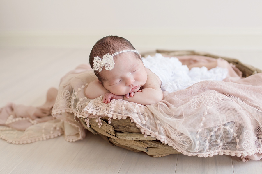 Katie Ballantine Photography Frederick Newborn Photography. New Market Baby Photographer.  Baby in a basket. All white studio