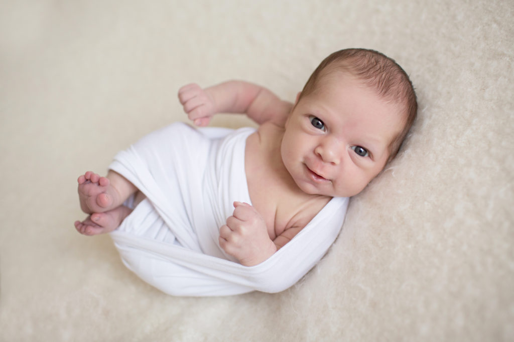 Katie Ballantine Photography Newborn wrapped in white swaddle, New Market Newborn Photographer Frederick Maryland All White Studio