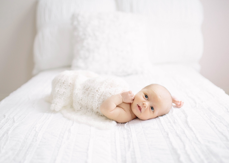 Katie Ballantine Photography Newborn wrapped in white swaddle, New Market Newborn Photographer Frederick Maryland All White Studio