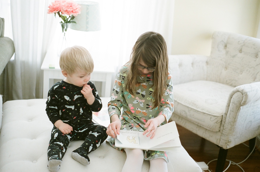 Katie Ballantine Photography. Frederick Family Photographer. Children reading together. Film Photography
