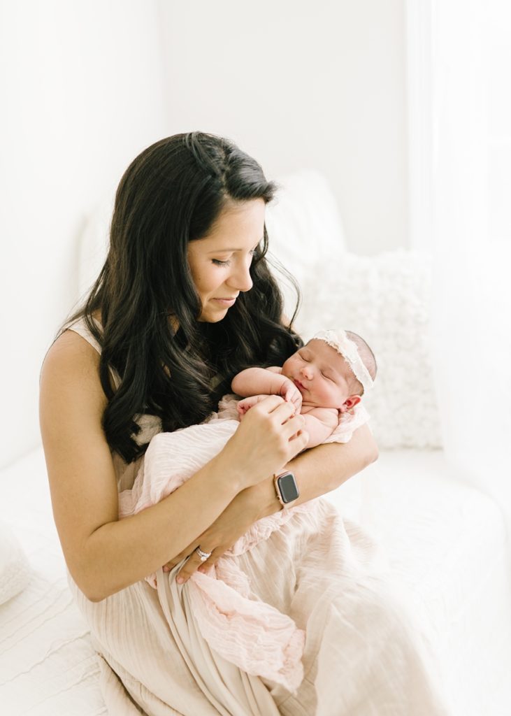 Katie Ballantine Photography, Frederick Maryland Newborn Photographer, mother and newborn image, mother holding baby, all white studio, organic newborn portraiture