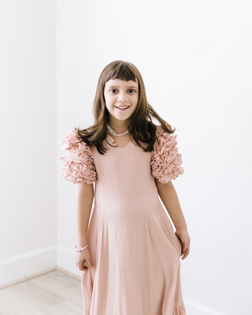 Katie Ballantine Photography.  Frederick Maryland Child Photographer.  New Market, Maryland Studio Child Photographer.  Girl in pink dress 