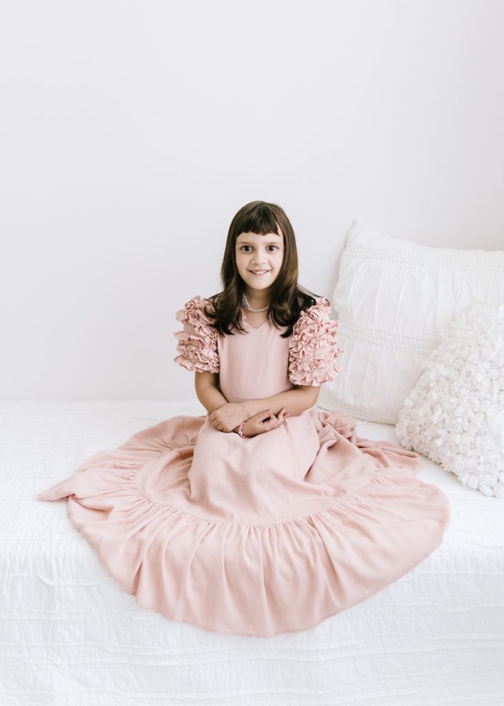 Katie Ballantine Photography.  Frederick Maryland Child Photographer.  New Market, Maryland Studio Child Photographer.  Girl in pink dress 