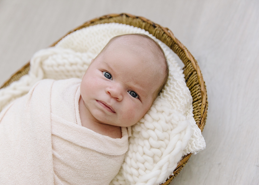 Katie Ballantine Photography.  Frederick Newborn photographer.  Frederick baby photographer.  All White Studio Frederick.  New Market Maryland Newborn Photographer.  Baby boy one month old.